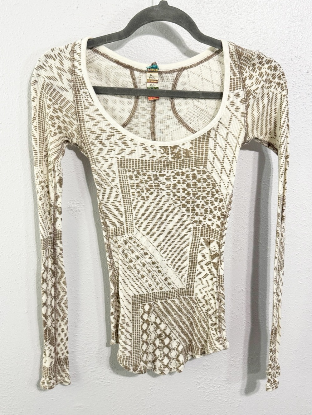 Free People Cream & Tan Geometric Scoop Neck Long Sleeve Top